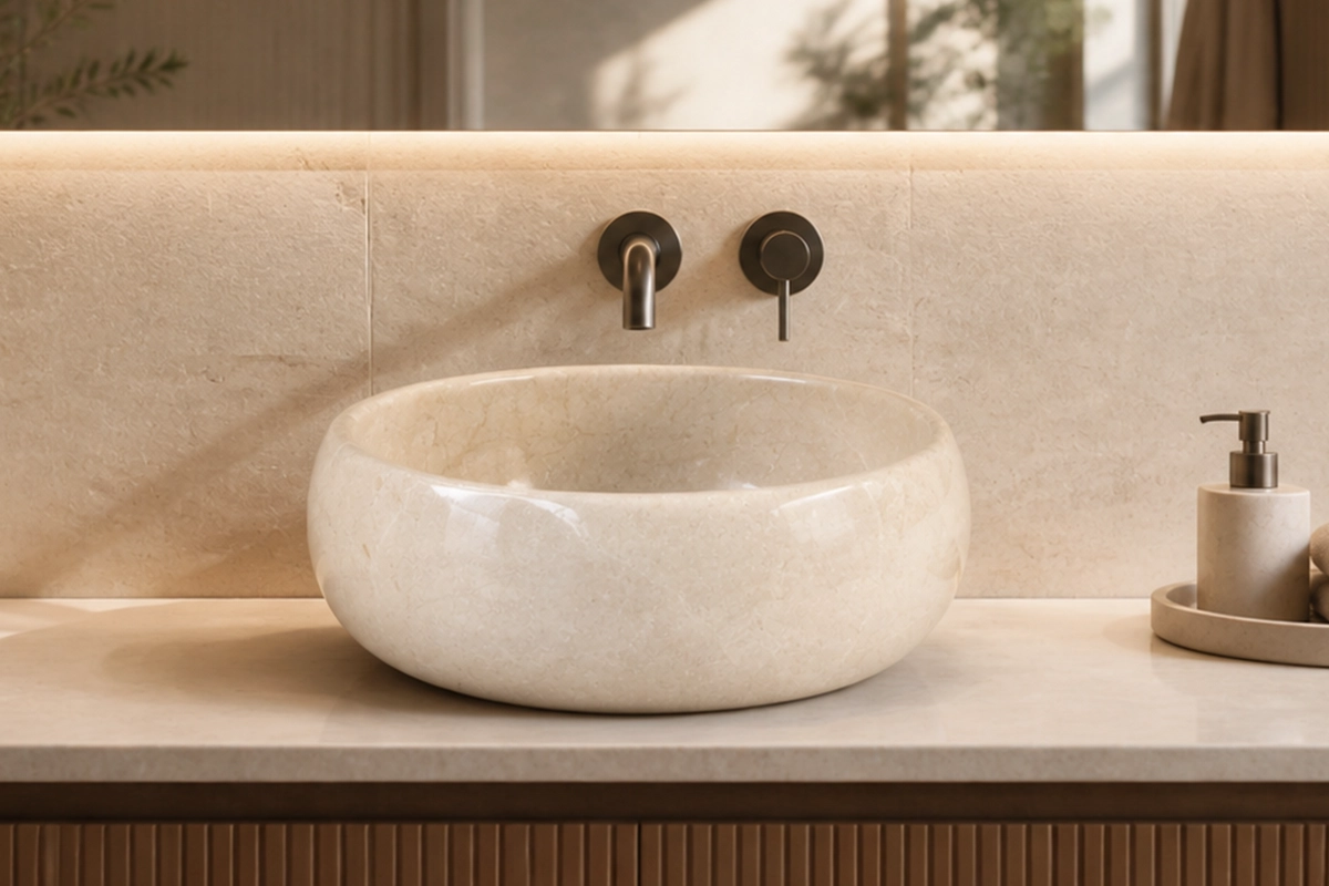 Vasque Ronde en Pierre Naturelle Marbre Creme N°D2506-1 Vasque Ronde en Pierre Naturelle Marbre Creme N°D2506 - Image 1