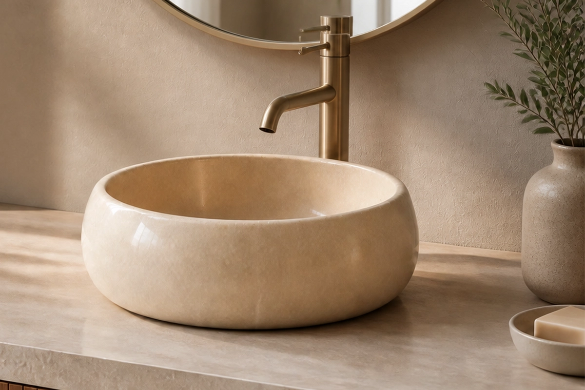 Vasque Ronde en Pierre Naturelle Marbre Creme N°D2508-1 Vasque Ronde en Pierre Naturelle Marbre Creme N°D2508 - Image 1