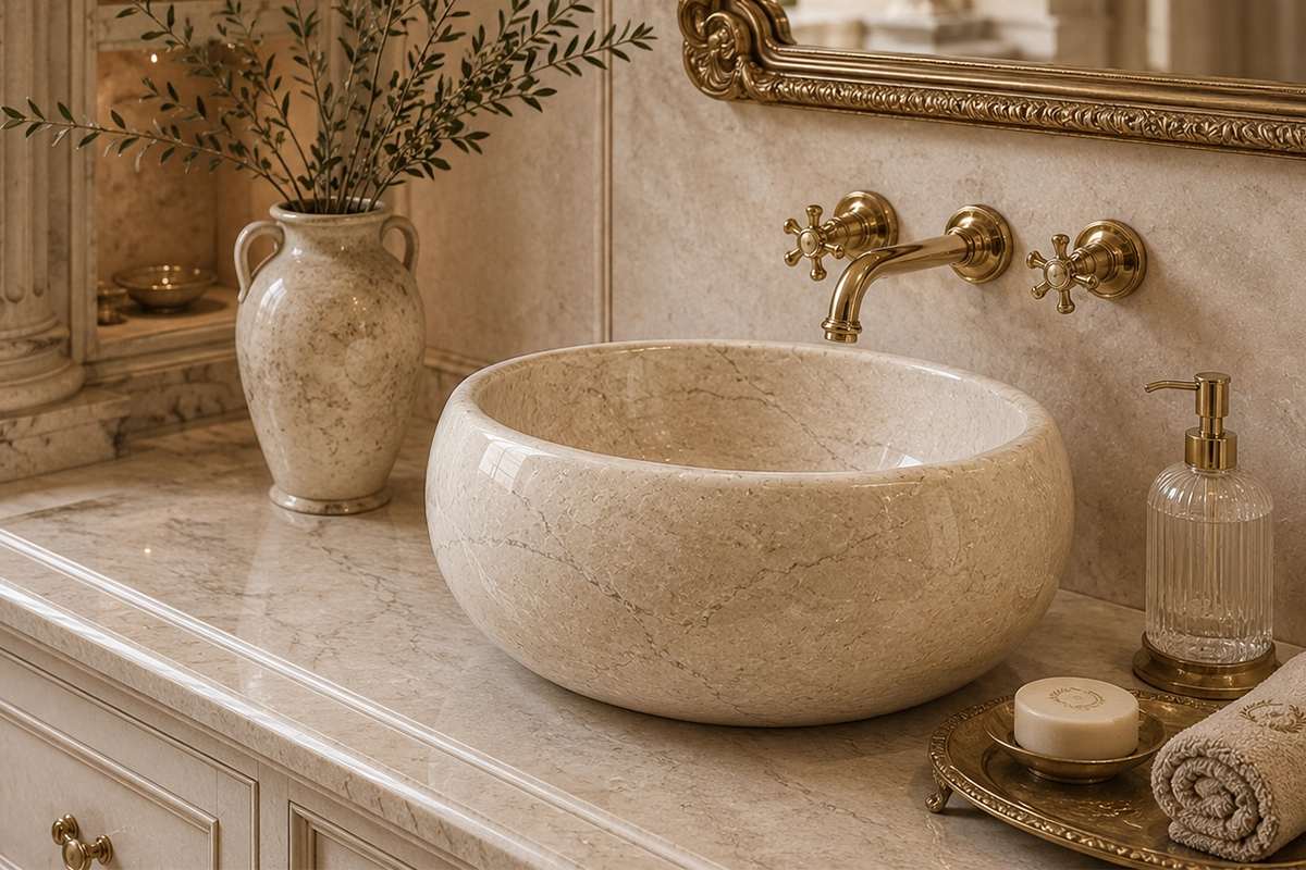 Vasque Ronde en Pierre Naturelle Marbre Creme N°D2521-1 Vasque Ronde en Pierre Naturelle Marbre Creme N°D2521 - Image 1