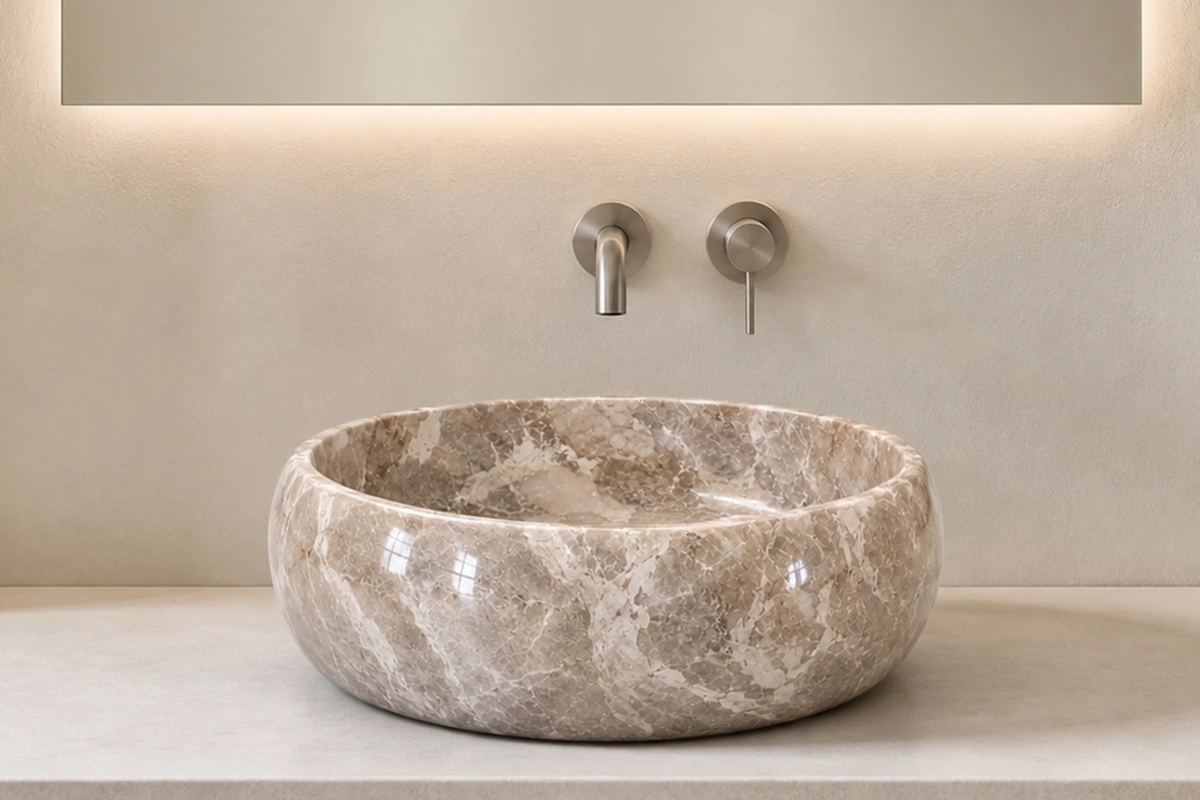 Vasque Ronde en Pierre Naturelle Marbre Gris Biege N°P2520-1 Vasque Ronde en Pierre Naturelle Marbre Gris Biege N°P2520 - Image 1