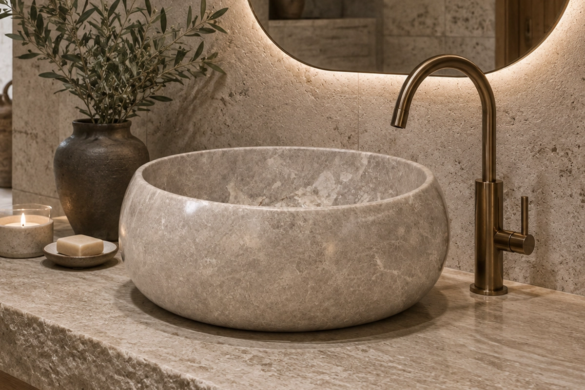Vasque Ronde en Pierre Naturelle Marbre Gris N°P2504-1 Vasque Ronde en Pierre Naturelle Marbre Gris N°P2504 - Image 1