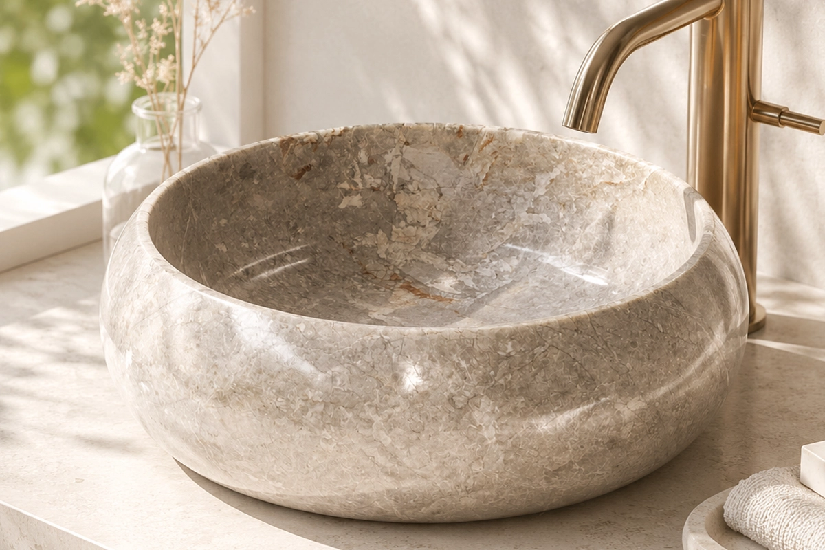 Vasque Ronde en Pierre Naturelle Marbre Gris N°P2506-1 Vasque Ronde en Pierre Naturelle Marbre Gris N°P2506 - Image 1