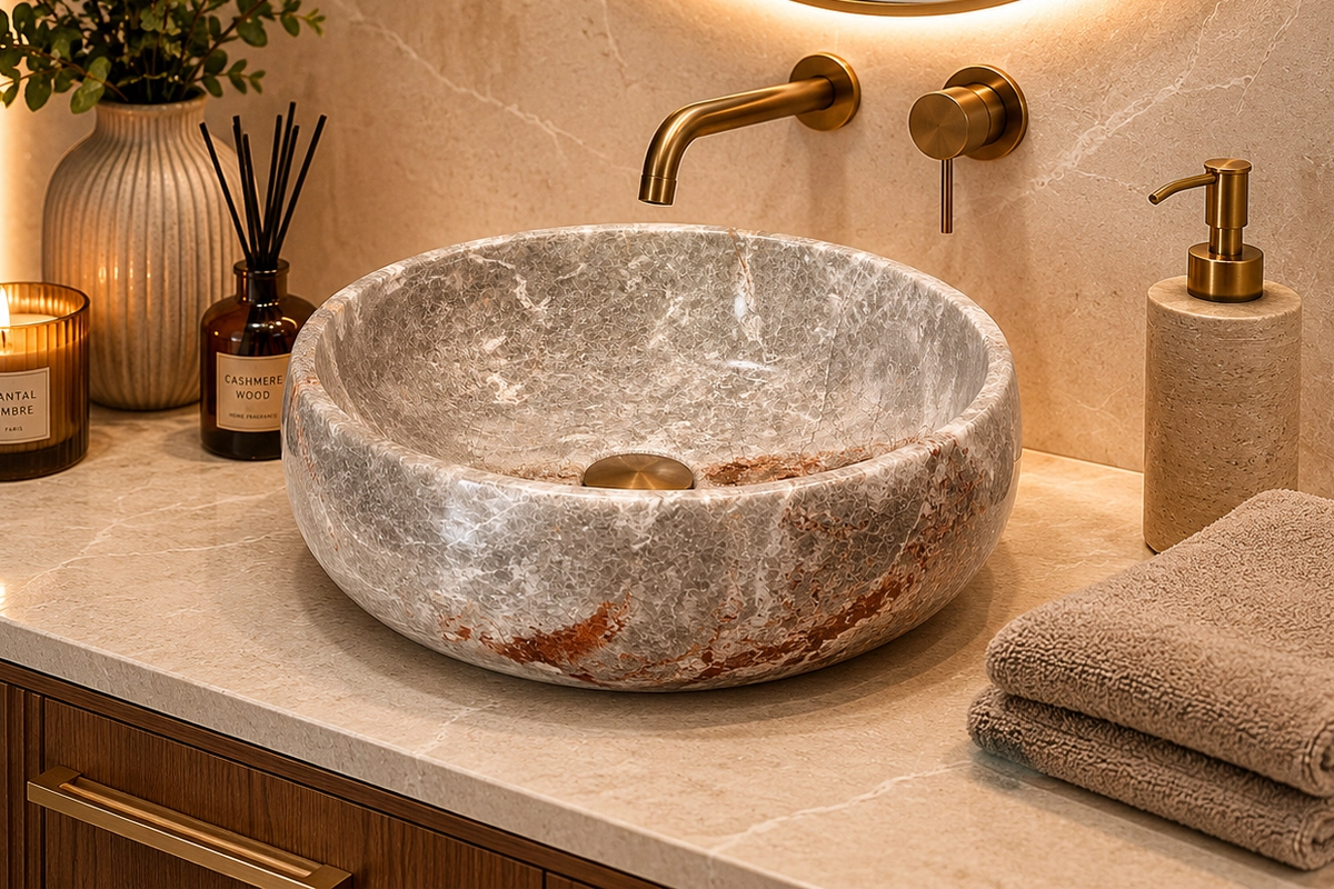 Vasque Ronde en Pierre Naturelle Marbre Gris N°P72-1 Vasque Ronde en Pierre Naturelle Marbre Gris N°P72 - Image 1