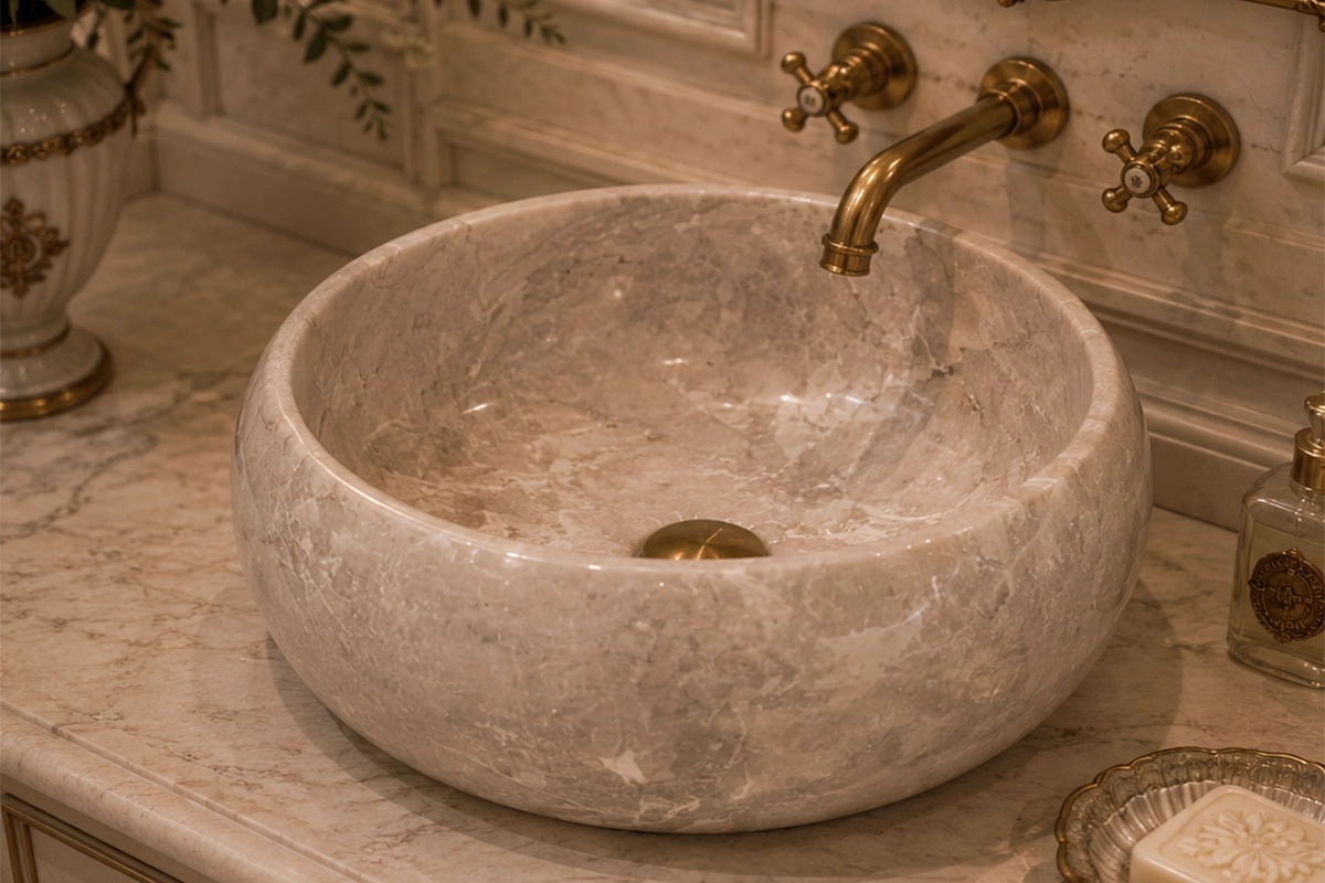 Vasque Ronde en Pierre Naturelle Marbre Light Gris N°P2517-1 Vasque Ronde en Pierre Naturelle Marbre Light Gris N°P2517 - Image 1