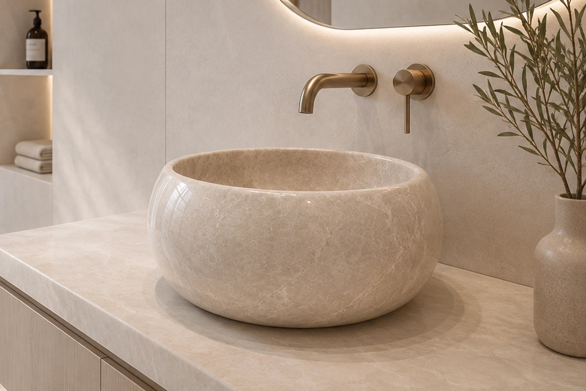 Vasque Ronde en Pierre Naturelle Marbre Light Gris N°P2522-1 Vasque Ronde en Pierre Naturelle Marbre Light Gris N°P2522 - Image 1