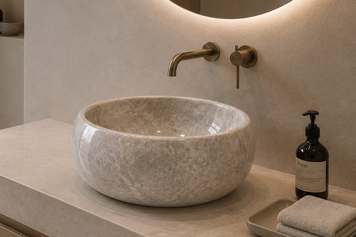 Vasque Ronde en Pierre Naturelle Marbre Light Gris N°P2526-1 Vasque Ronde en Pierre Naturelle Marbre Light Gris N°P2526 - Image 1