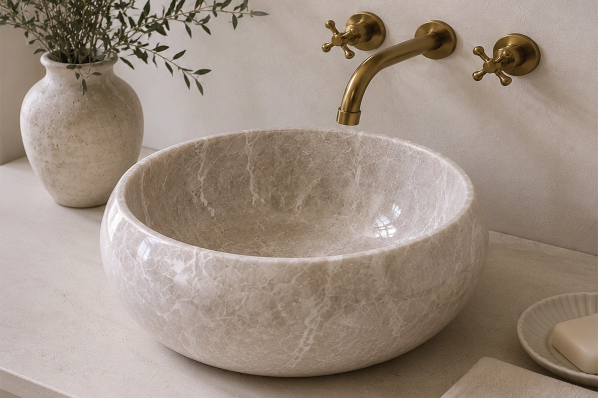 Vasque Ronde en Pierre Naturelle Marbre Light Gris N°P2547-1 Vasque Ronde en Pierre Naturelle Marbre Light Gris N°P2547 - Image 1
