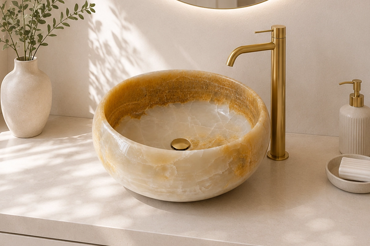 Vasque Ronde en Pierre Naturelle Onyx Blanc Miel N°24-1 Vasque Ronde en Pierre Naturelle Onyx Blanc Miel N°24 - Image 1