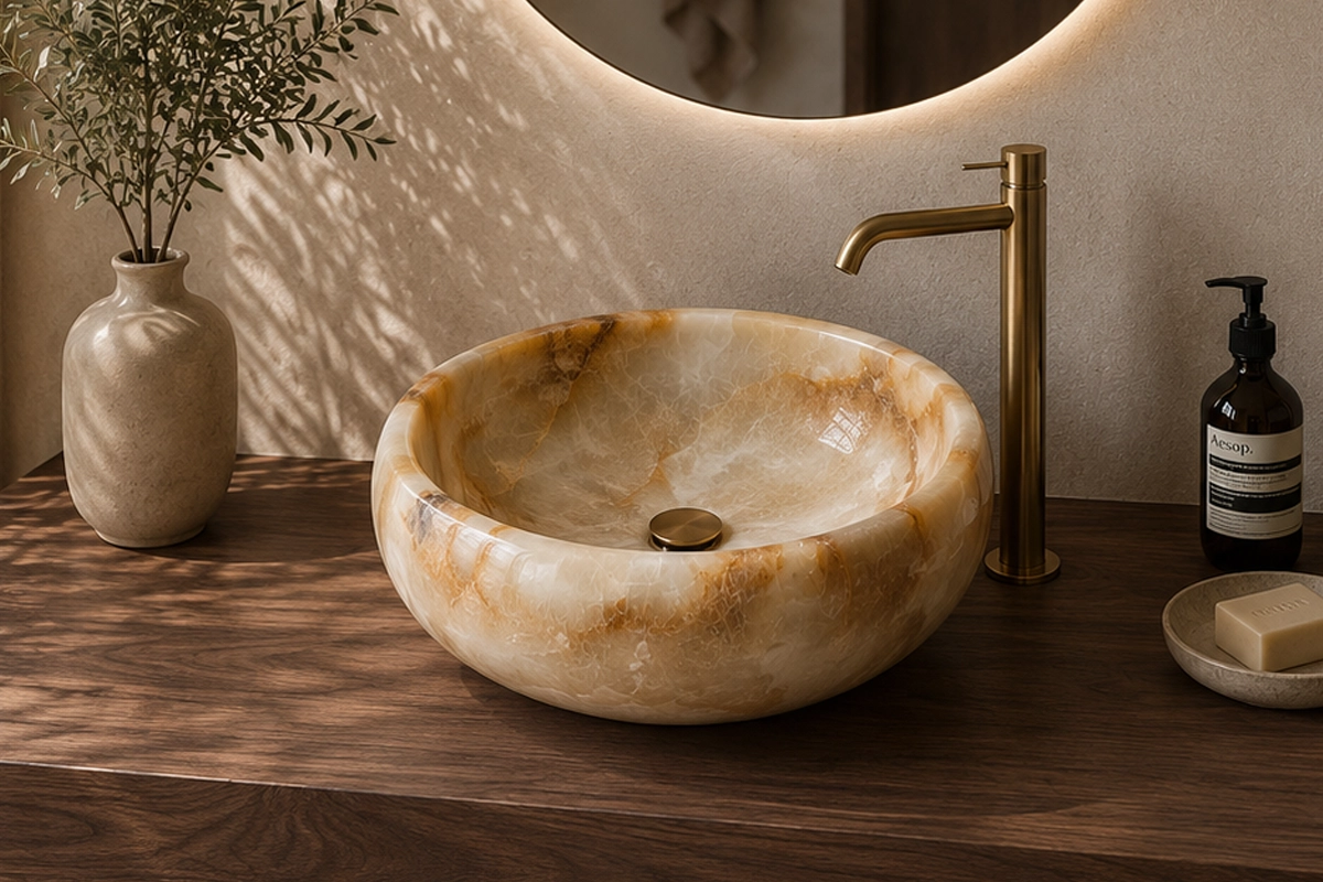 Vasque Ronde en Pierre Naturelle Onyx Blanc Miel N°42-1 Vasque Ronde en Pierre Naturelle Onyx Blanc Miel N°42 - Image 1