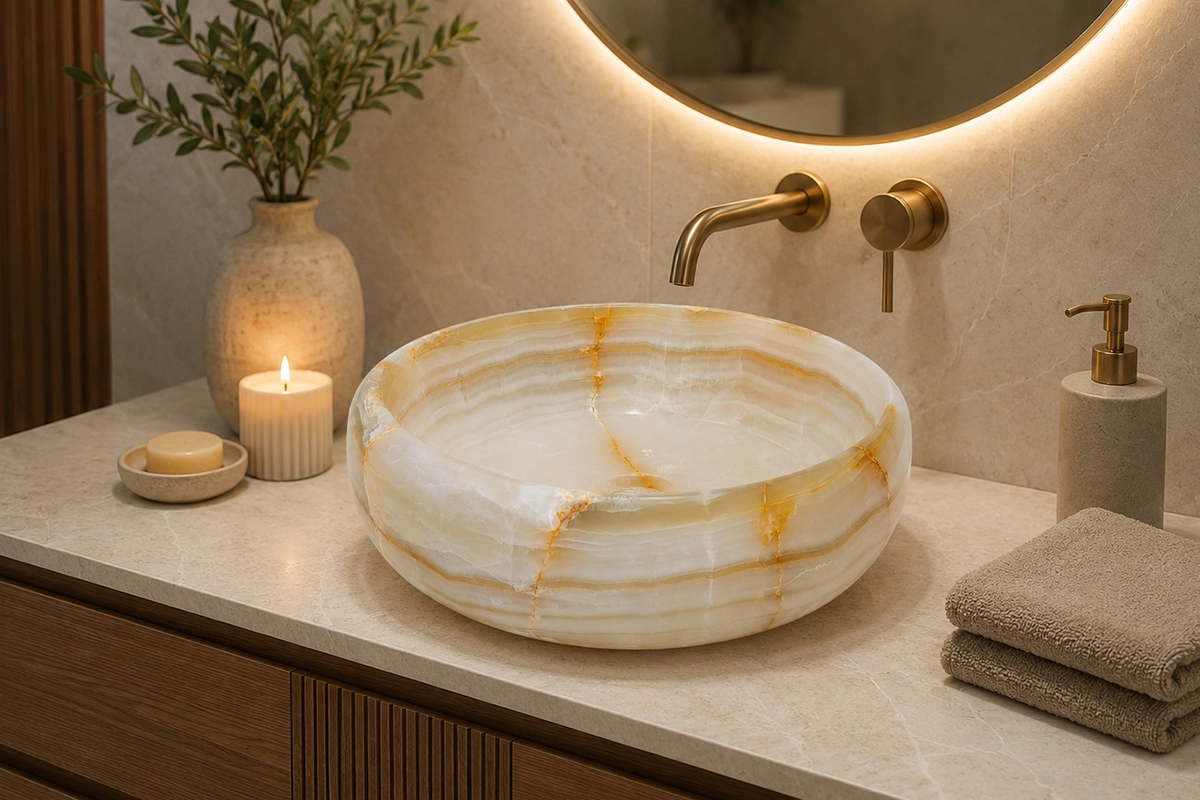Vasque Ronde en Pierre Naturelle Onyx Blanc N°21-1 Vasque Ronde en Pierre Naturelle Onyx Blanc N°21 - Image 1