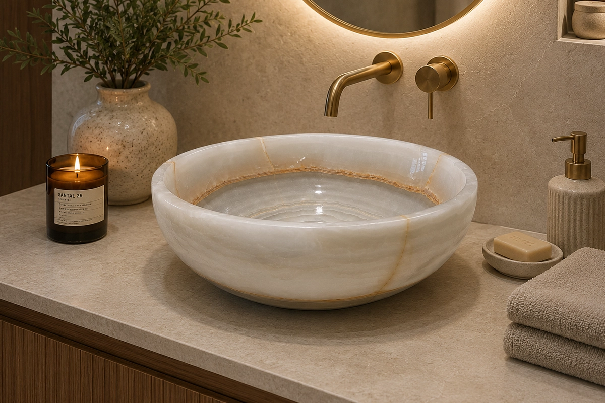 Vasque Ronde en Pierre Naturelle Onyx Blanc N°2510-1 Vasque Ronde en Pierre Naturelle Onyx Blanc N°2510 - Image 1