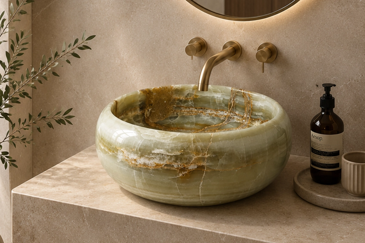 Vasque Ronde en Pierre Naturelle Onyx Blanc Vert N°26-1 Vasque Ronde en Pierre Naturelle Onyx Blanc Vert N°26 - Image 1
