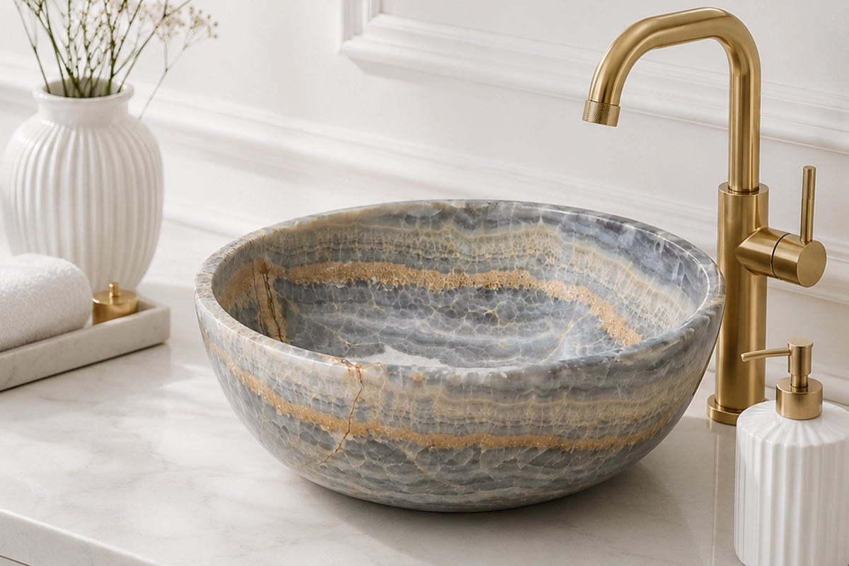 Vasque Ronde en Pierre Naturelle Onyx Mix Gris N°2505-1 Vasque Ronde en Pierre Naturelle Onyx Mix Gris N°2505 - Image 1