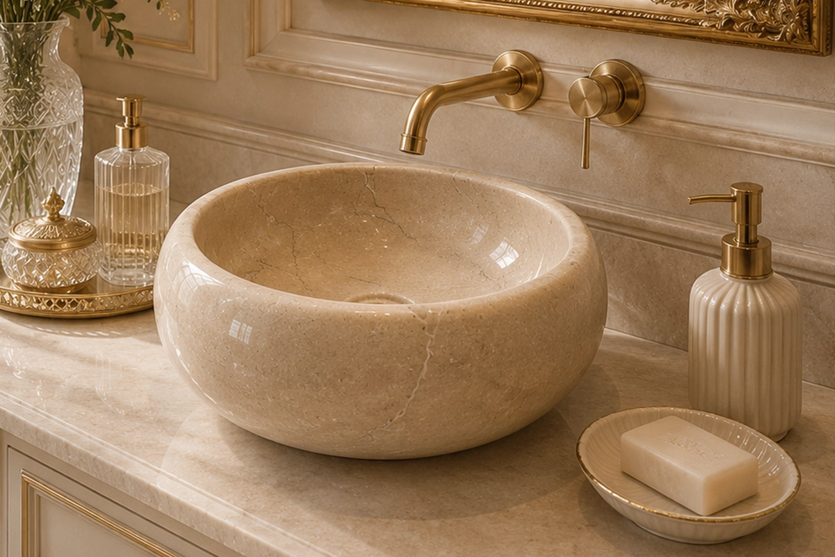 Vasque Ronde en Pierre Naturelle Marbre Beige N°S08-1 Vasque Ronde en Pierre Naturelle Marbre Beige N°S08 - Image 1