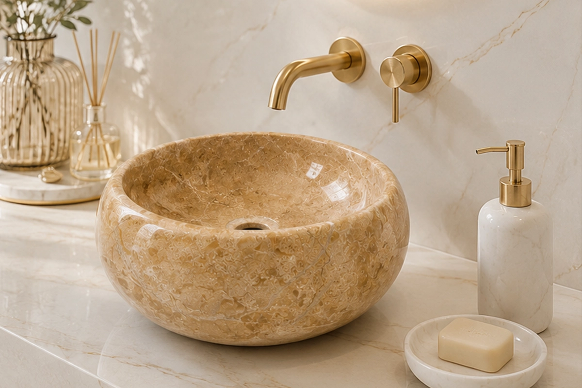 Vasque Ronde en Pierre Naturelle Marbre Beige N°S10-1 Vasque Ronde en Pierre Naturelle Marbre Beige N°S10 – Image 1
