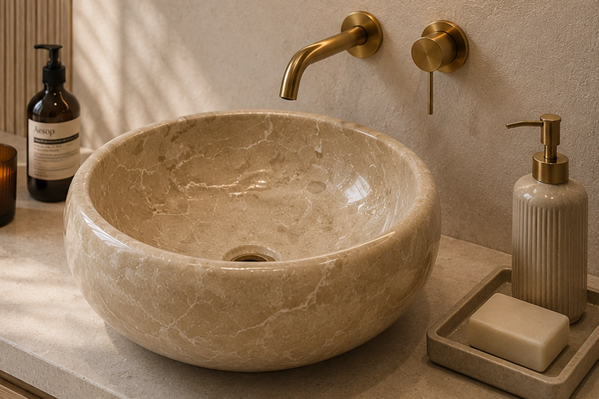 Vasque Ronde en Pierre Naturelle Marbre Beige N°S64-1 Vasque Ronde en Pierre Naturelle Marbre Beige N°S64 - Image 1