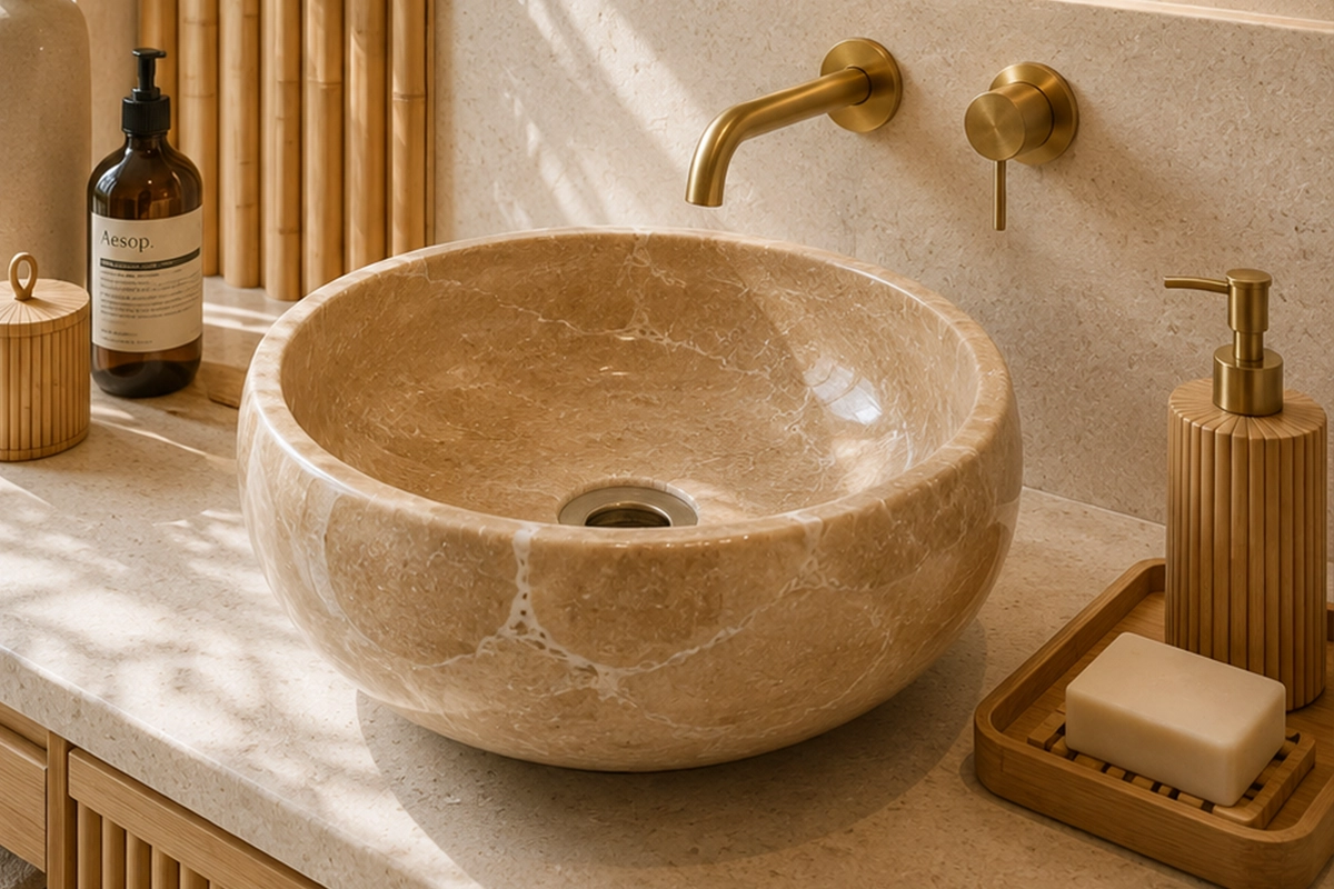 Vasque Ronde en Pierre Naturelle Marbre Beige N°S65-1 Vasque Ronde en Pierre Naturelle Marbre Beige N°S65 - Image 1