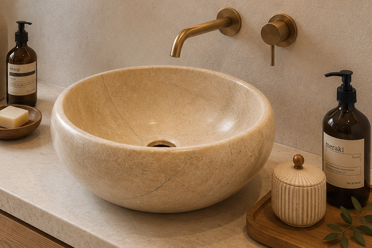 Vasque Ronde en Pierre Naturelle Marbre Beige N°S69-1 Vasque Ronde en Pierre Naturelle Marbre Beige N°S69 – Image 1