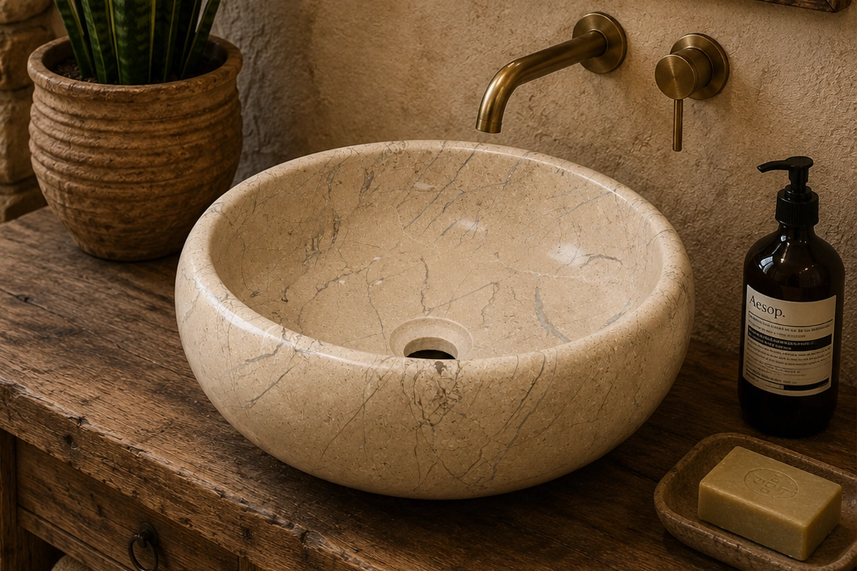 Vasque Ronde en Pierre Naturelle Marbre Creme N°S06-1 Vasque Ronde en Pierre Naturelle Marbre Creme N°S06 - Image 1