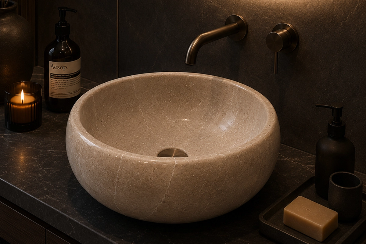 Vasque Ronde en Pierre Naturelle Marbre Creme N°S59-1 Vasque Ronde en Pierre Naturelle Marbre Creme N°S59 - Image 1